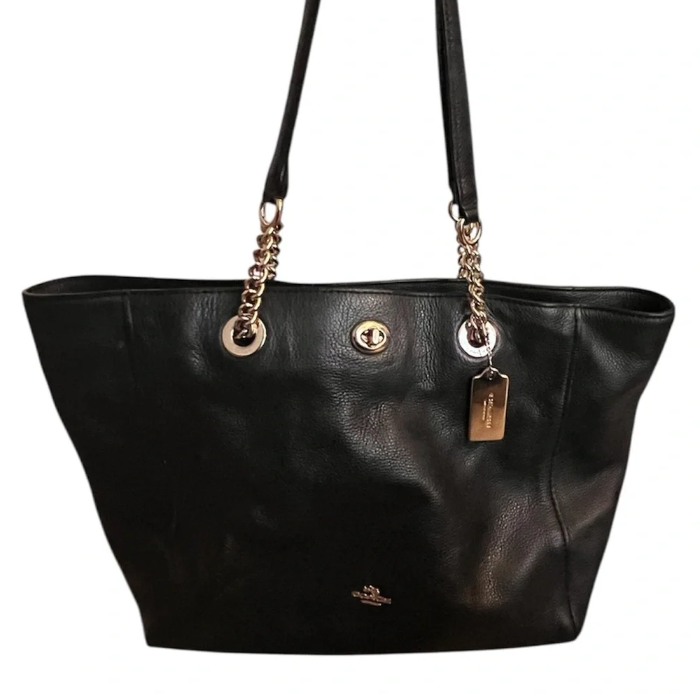 Coach 57107 Black Leather Turnlock Silver Chain Strap Tote Bag - Picture 4 of 13